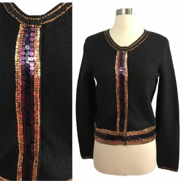 CLUB MONACO Black Wool Cardigan Sequins Button Down Party Evening Medium 90s Y2K - Picture 2 of 8